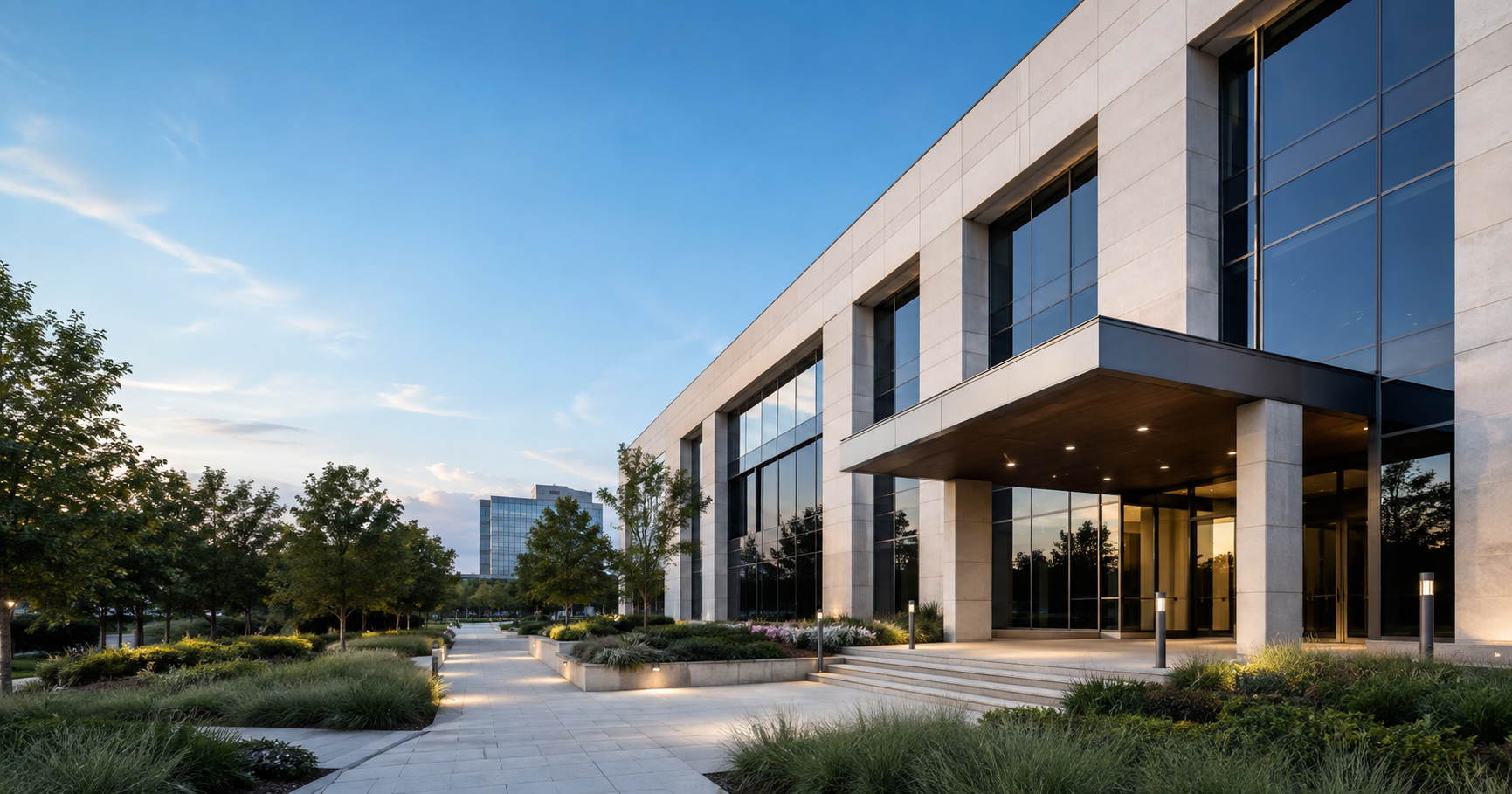 Modern office campus with pale stone facade and landscaped walkway