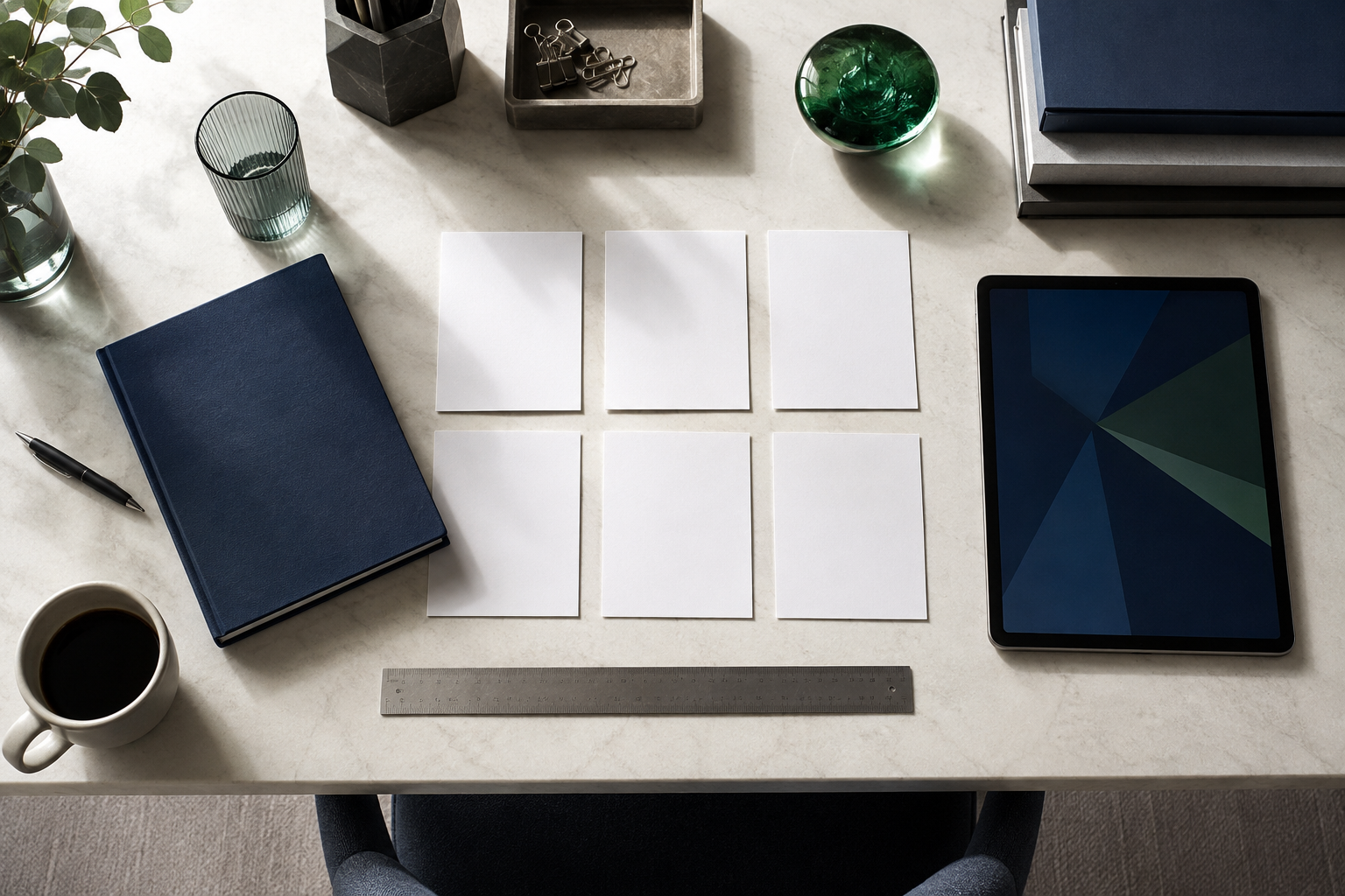 Organized planning cards, tablet and ruler on a modern conference table