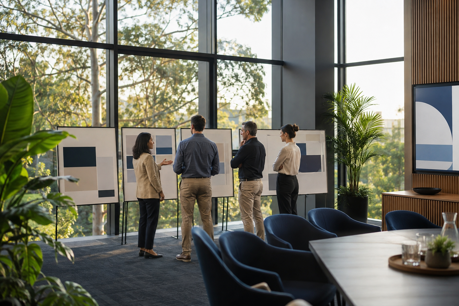 Professionals reviewing abstract presentation boards in a glass-walled meeting space